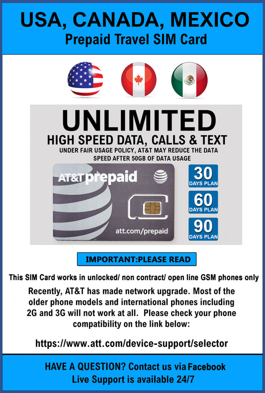 AT&T Brand USA, Canada, Mexico Prepaid Travel SIM Card, Unlimited High Speed LTE Data Calls &Text 30DAYS