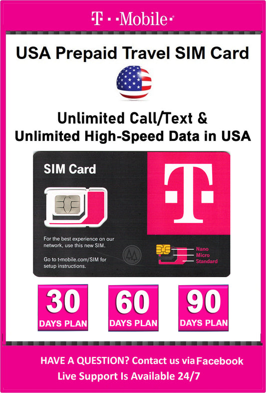 T-Mobile Brand USA Prepaid Travel SIM Card Unlimited Call, Text & High-Speed Data for use in USA 30DAYS