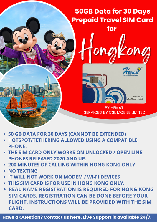 Hongkong 50GB Data for 30 Days SIM Card by Hemat