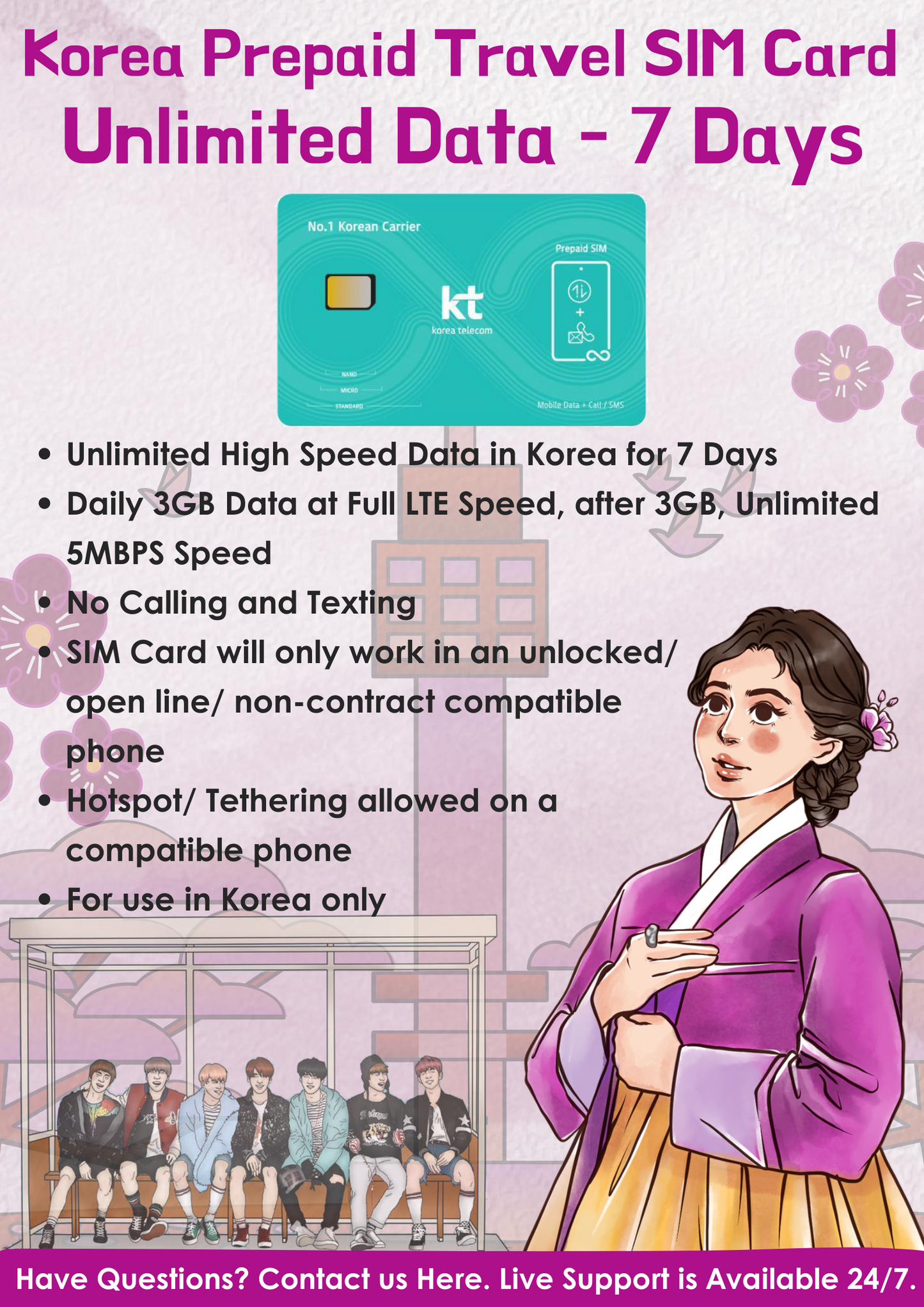 KOREA UNLIMITED PREPAID SIM CARD BY KTELECOM FOR 7 DAYS