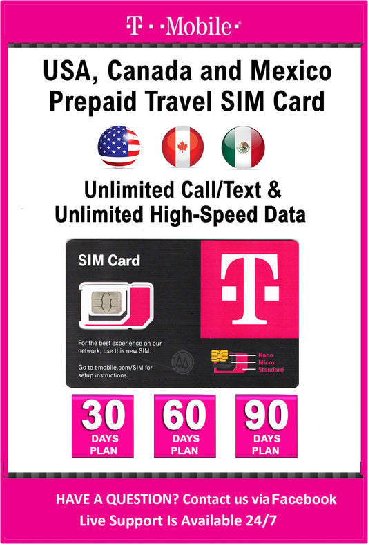 T-Mobile USA, Canada, Mexico Prepaid Travel Data SIM Card Unlimited Call, Text and High Speed Data 90DAYS