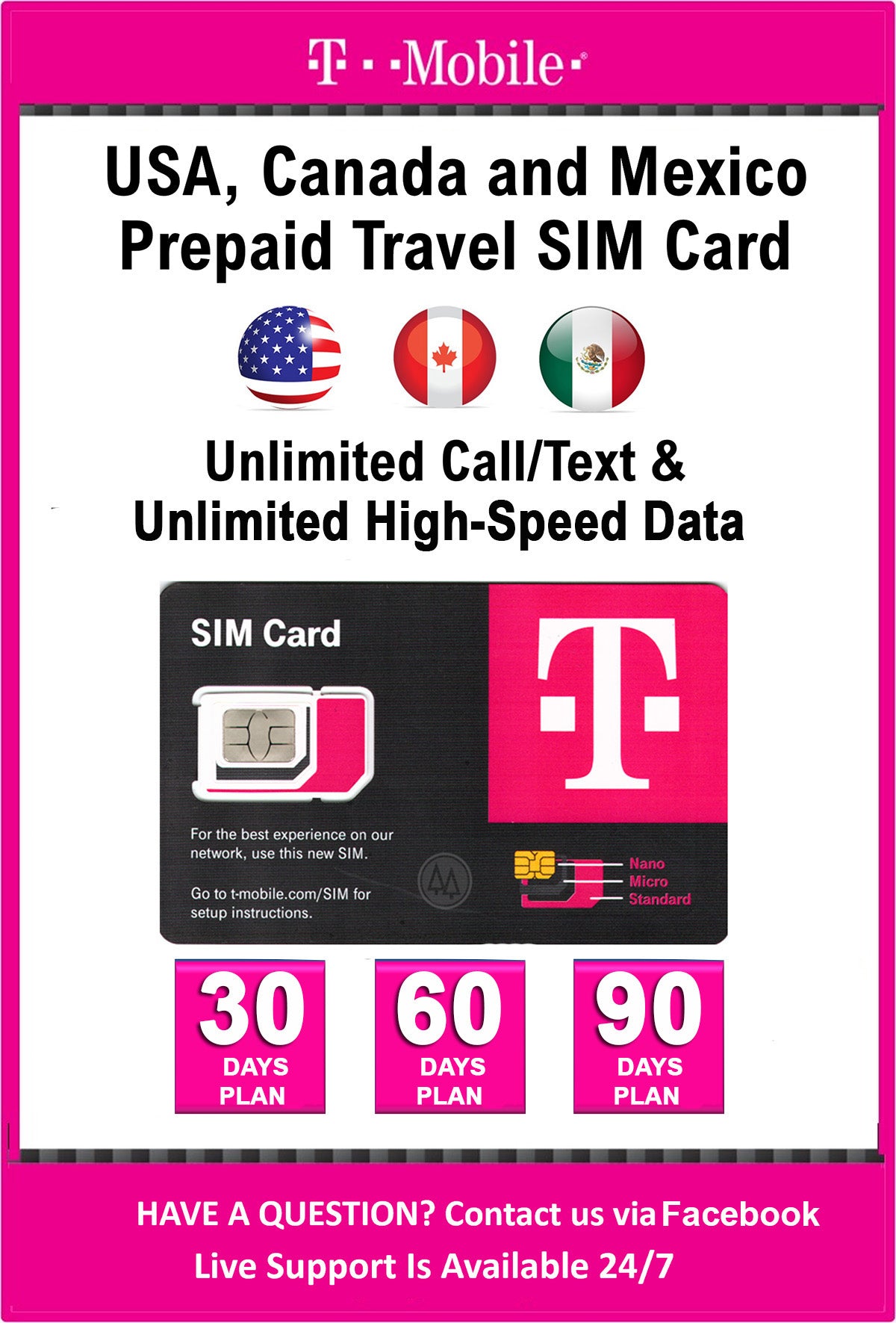 T-Mobile USA, Canada, Mexico Prepaid Travel Data SIM Card Unlimited Call, Text and High Speed Data 30DAYS