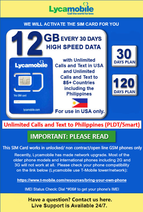 USA Travel SIM Card LYCA (Including Hawaii and Puerto Rico) 12 GB of High-Speed Data in USA