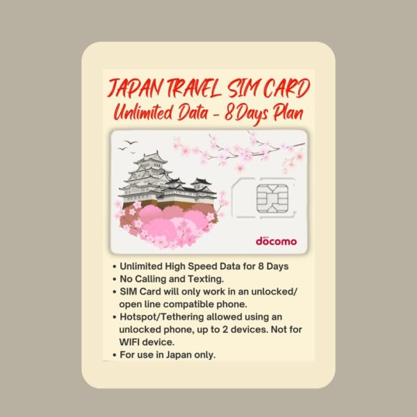 JAPAN UNLIMITED PREPAID SIM CARD BY NTT DOCOMO FOR 8 DAYS